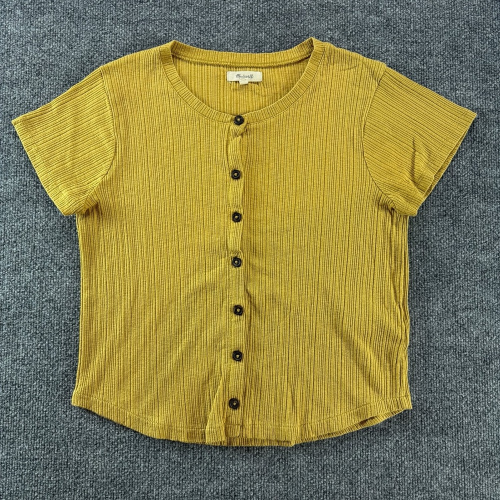 Madewell Womens Ribbed Button Front Top Mustard Yellow Blouse M Casual Office